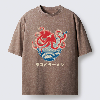 Tokyo-Tiger Octopus Eating Ramen Washed T-Shirt
