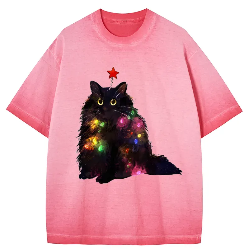 Tokyo-Tiger Christmas Lights Cat Gradient Washed T-Shirt