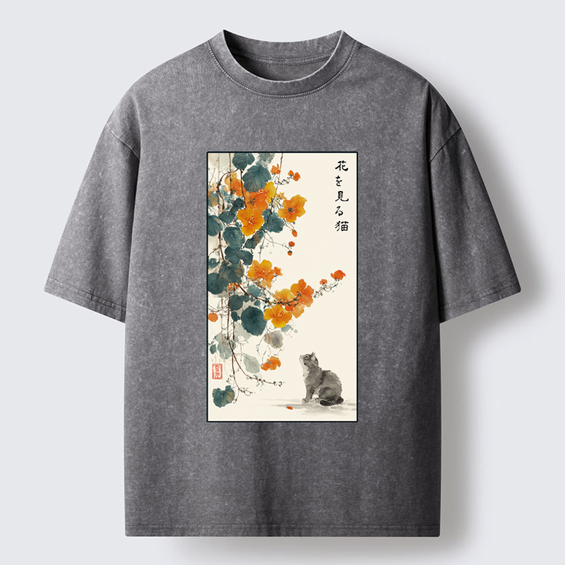 Tokyo-Tiger A Cat Watching Flowers Washed T-Shirt