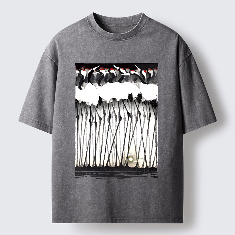 Tokyo-Tiger Crane Flock Ancient Painting Washed T-Shirt