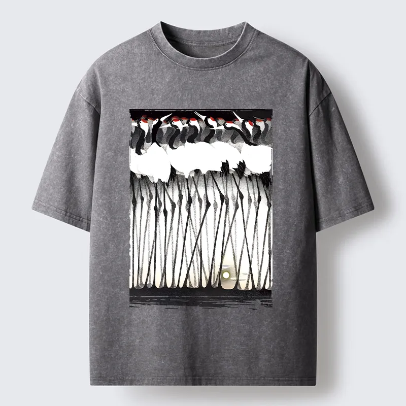 Tokyo-Tiger Crane Flock Ancient Painting Washed T-Shirt
