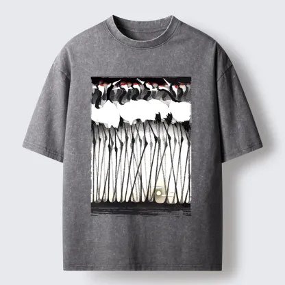 Tokyo-Tiger Crane Flock Ancient Painting Washed T-Shirt