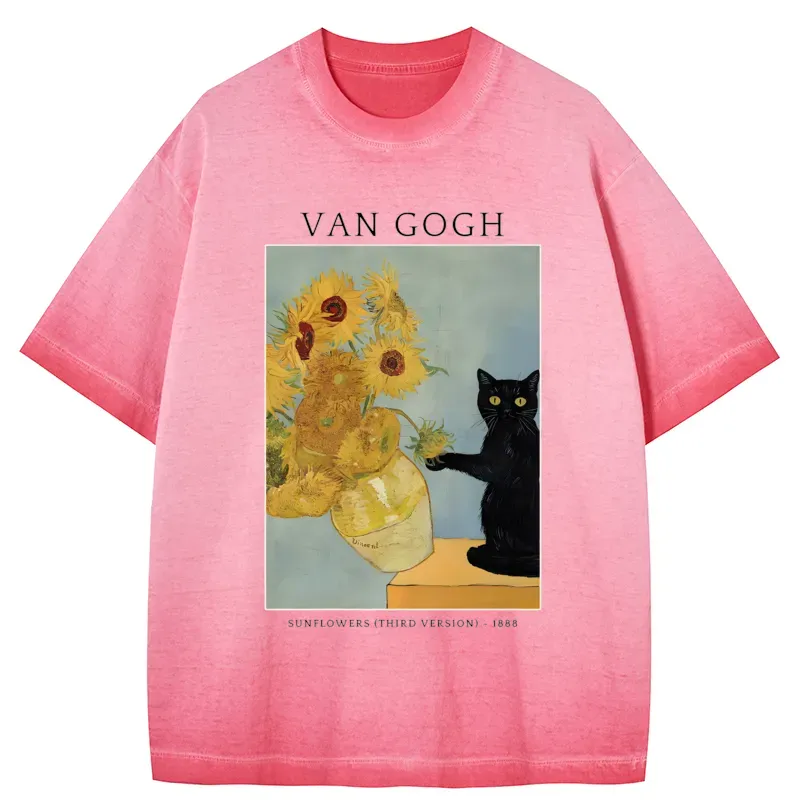 Tokyo-Tiger Black Cat With Sunflowers Gradient Washed T-Shirt