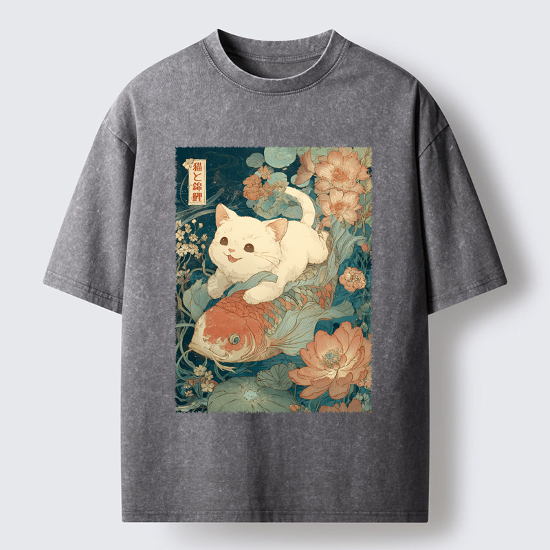 Tokyo-Tiger Cat And Koi Washed T-Shirt