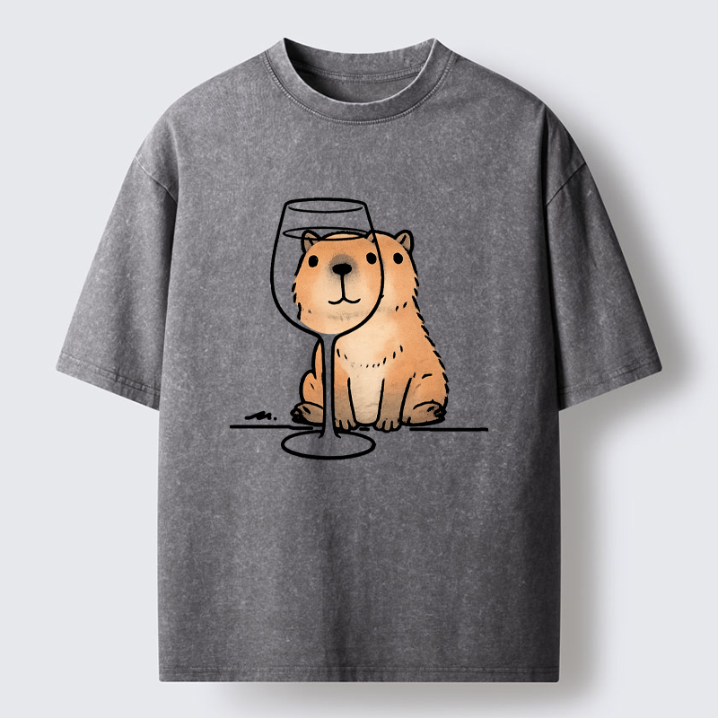 Tokyo-Tiger Capybara With A Glass Washed T-Shirt
