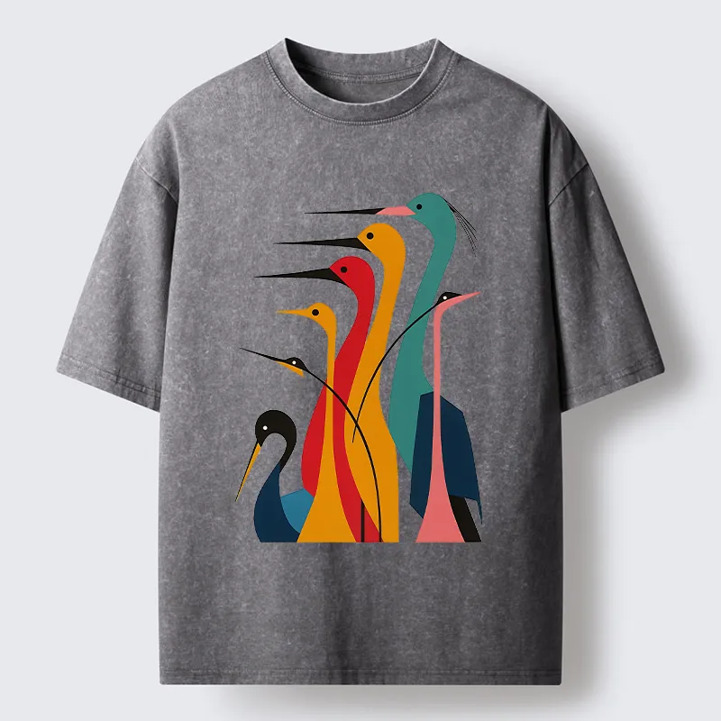 Tokyo-Tiger Various Types Of Cranes Washed T-Shirt