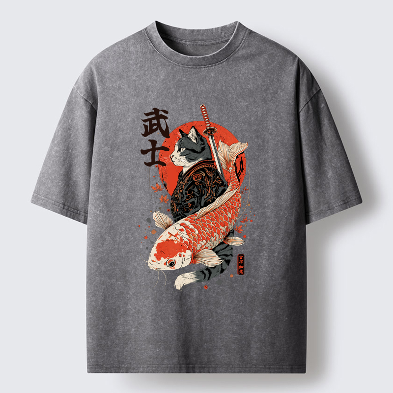 Tokyo-Tiger Samurai Cat And Koi Washed T-Shirt