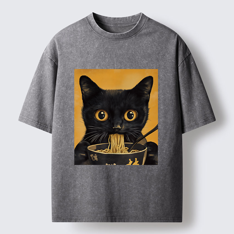 Tokyo-Tiger Cute Black Cat Eating A Big Bowl Of Ramen Washed T-Shirt