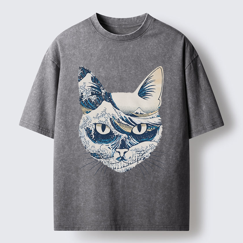 Tokyo-Tiger Ukiyo-e Waves And Cats Washed T-Shirt