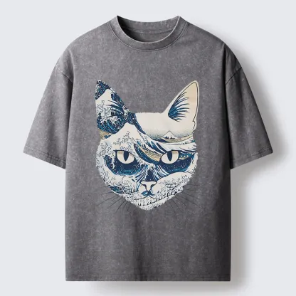 Tokyo-Tiger Ukiyo-e Waves And Cats Washed T-Shirt