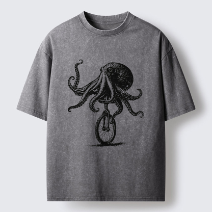 Tokyo-Tiger Octopus On A Unicycle Washed T-Shirt