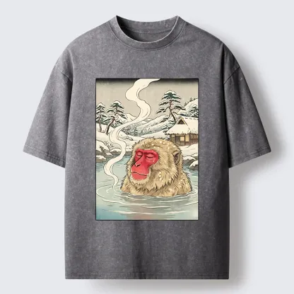Tokyo-Tiger Snow Monkeys Soaking In Hot Springs Washed T-Shirt