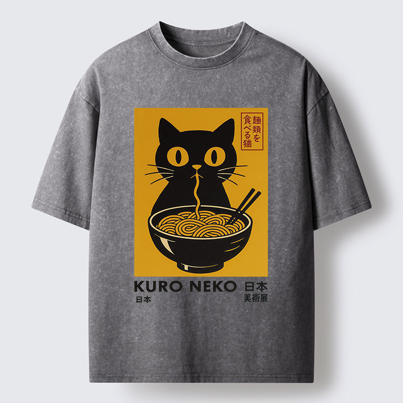 Tokyo-Tiger Cat Eating Ramen Poster Washed T-Shirt