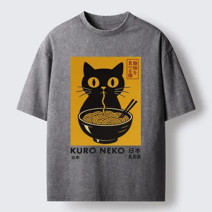 Tokyo-Tiger Cat Eating Ramen Poster Washed T-Shirt