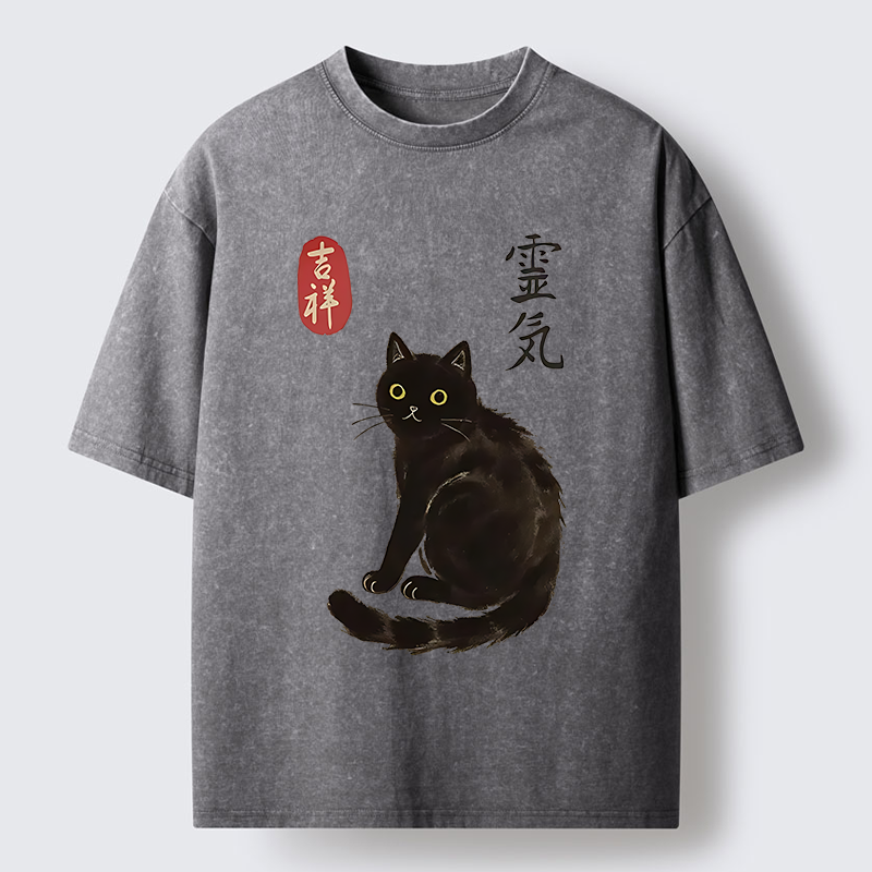 Tokyo-Tiger Japanese Black Cat Washed T-Shirt
