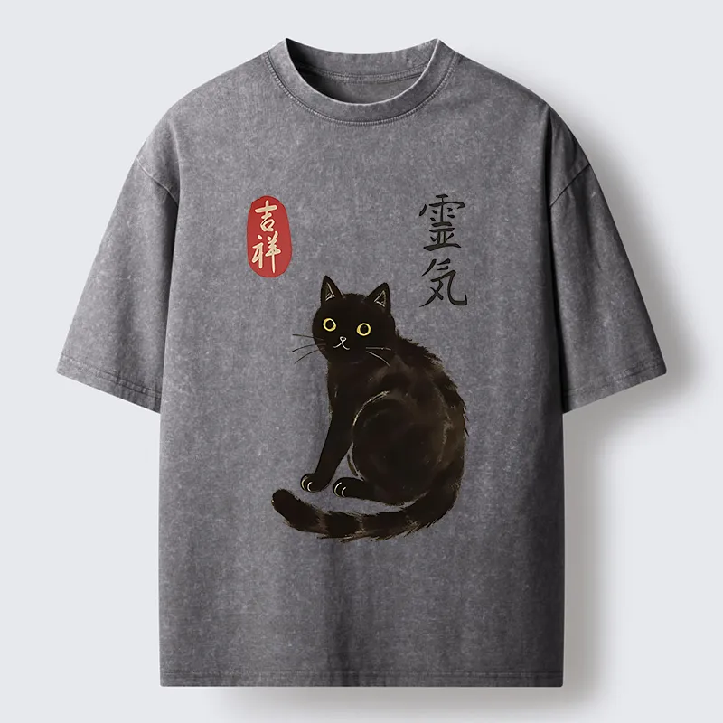 Tokyo-Tiger Japanese Black Cat Washed T-Shirt