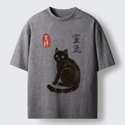 Tokyo-Tiger Japanese Black Cat Washed T-Shirt