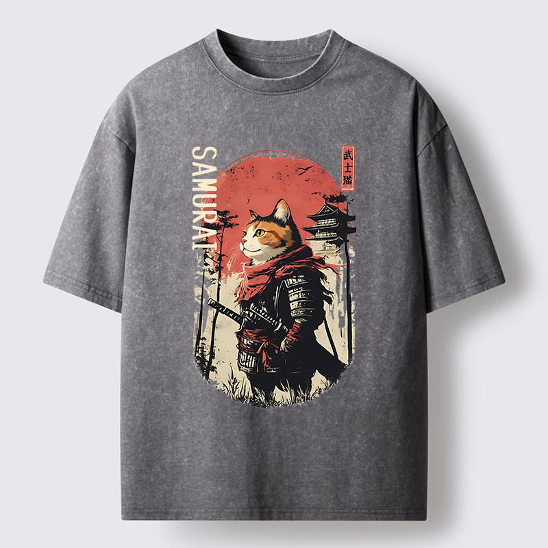 Tokyo-Tiger Lonely Cat Japanese Samurai Washed T-Shirt