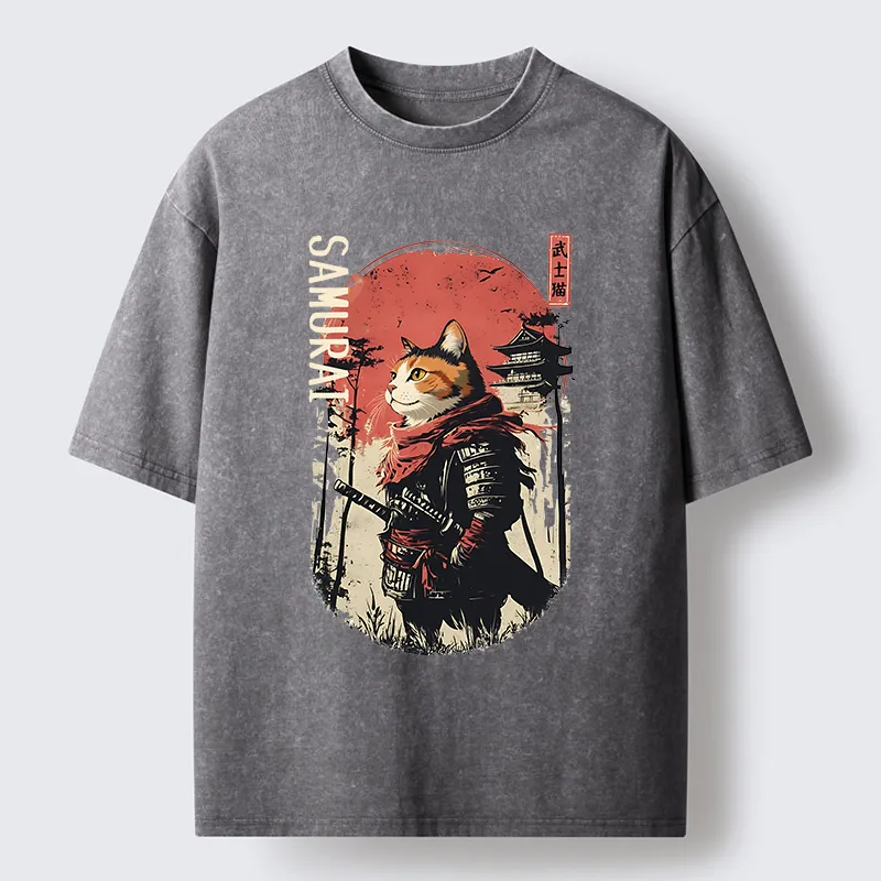 Tokyo-Tiger Lonely Cat Japanese Samurai Washed T-Shirt