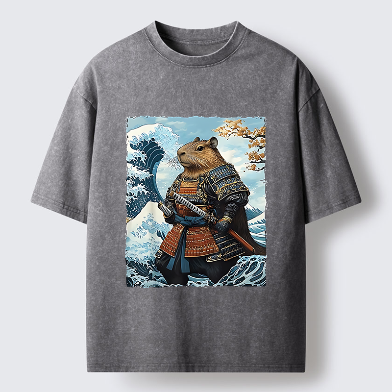 Tokyo-Tiger Capybara Japanese Samurai  And Waves Washed T-Shirt