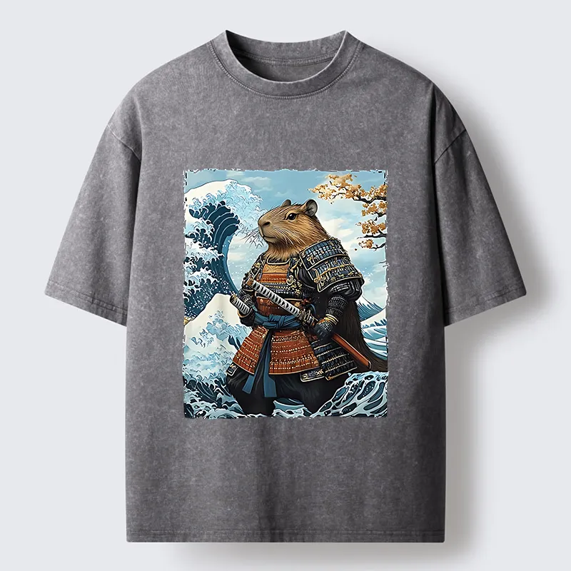 Tokyo-Tiger Capybara Japanese Samurai  And Waves Washed T-Shirt