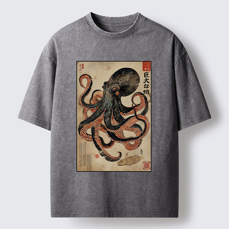 Tokyo-Tiger Retro Octopus Painting Washed T-Shirt