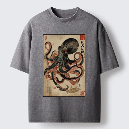 Tokyo-Tiger Retro Octopus Painting Washed T-Shirt