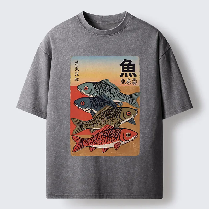 Tokyo-Tiger Retro Fish Poster Washed T-Shirt