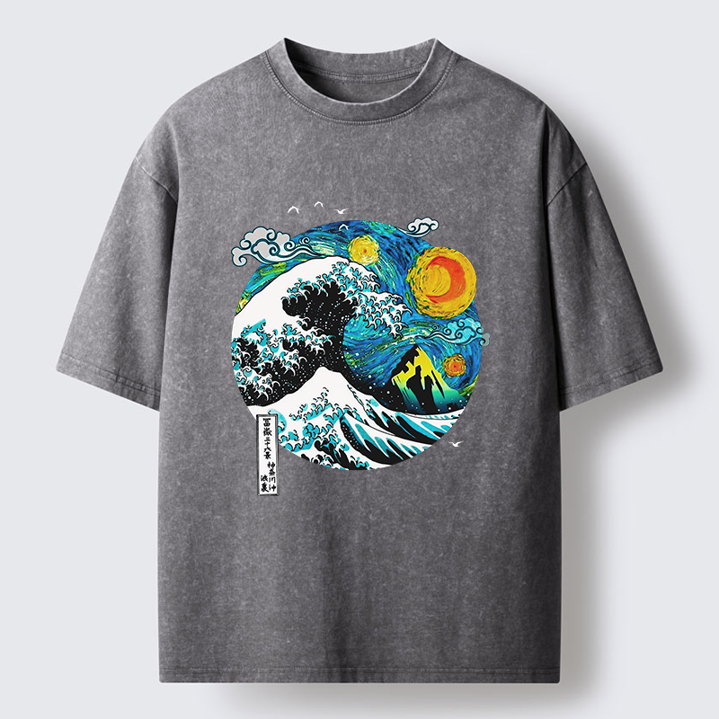 Tokyo-Tiger Oil Painting Ukiyo-e Wave Washed T-Shirt