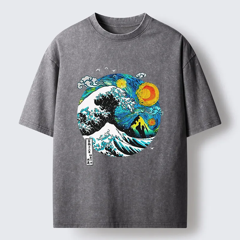 Tokyo-Tiger Oil Painting Ukiyo-e Wave Washed T-Shirt