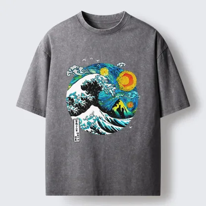 Tokyo-Tiger Oil Painting Ukiyo-e Wave Washed T-Shirt