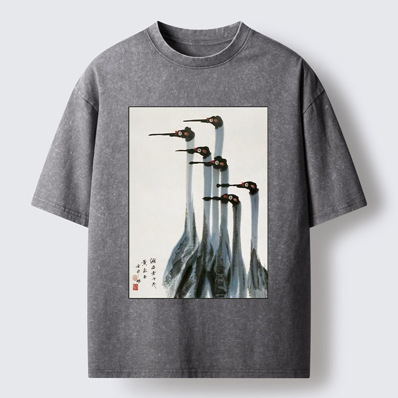 Tokyo-Tiger Retro Crane Painting Washed T-Shirt