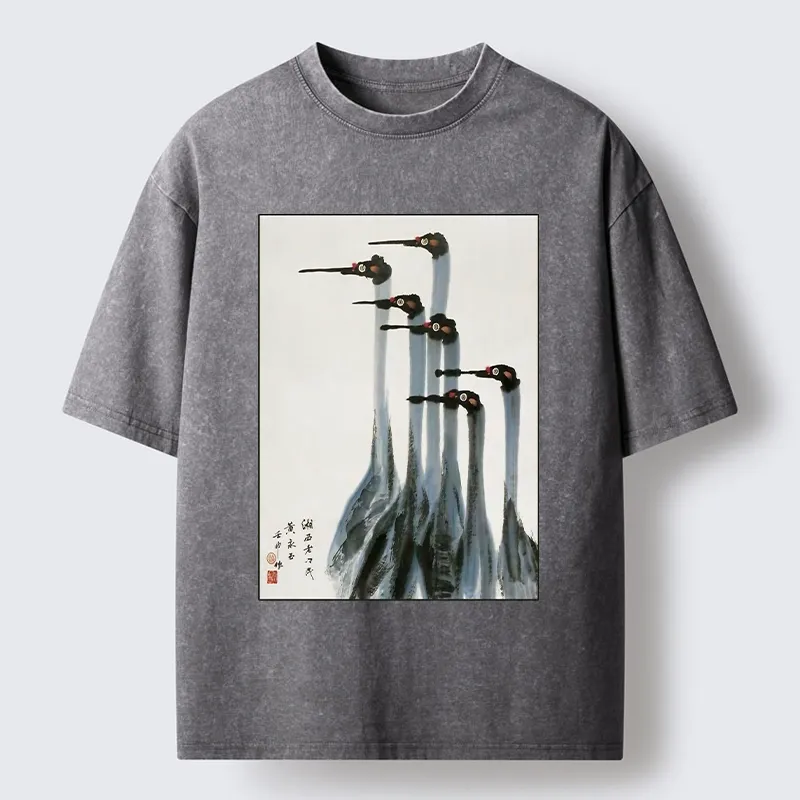 Tokyo-Tiger Retro Crane Painting Washed T-Shirt