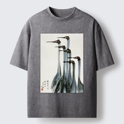 Tokyo-Tiger Retro Crane Painting Washed T-Shirt