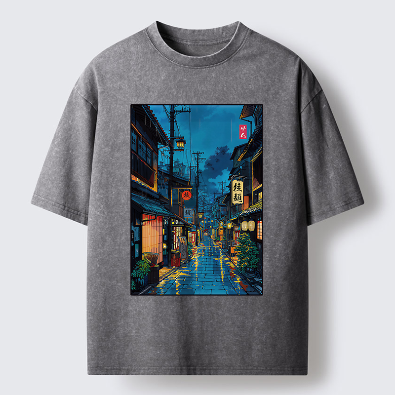 Tokyo-Tiger Japanese Teahouse Street Scene Washed T-Shirt