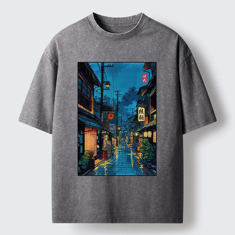 Tokyo-Tiger Japanese Teahouse Street Scene Washed T-Shirt