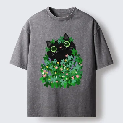 Tokyo-Tiger Black Cat On St. Patrick's Day Washed T-Shirt