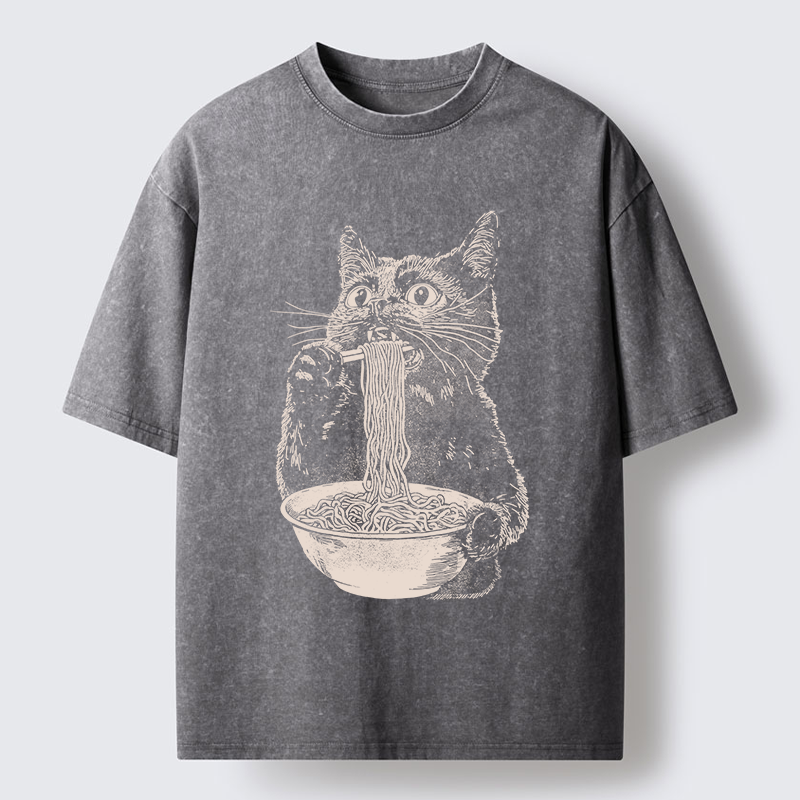Tokyo-Tiger Black Cat Eats A Large Portion Of Ramen Washed T-Shirt