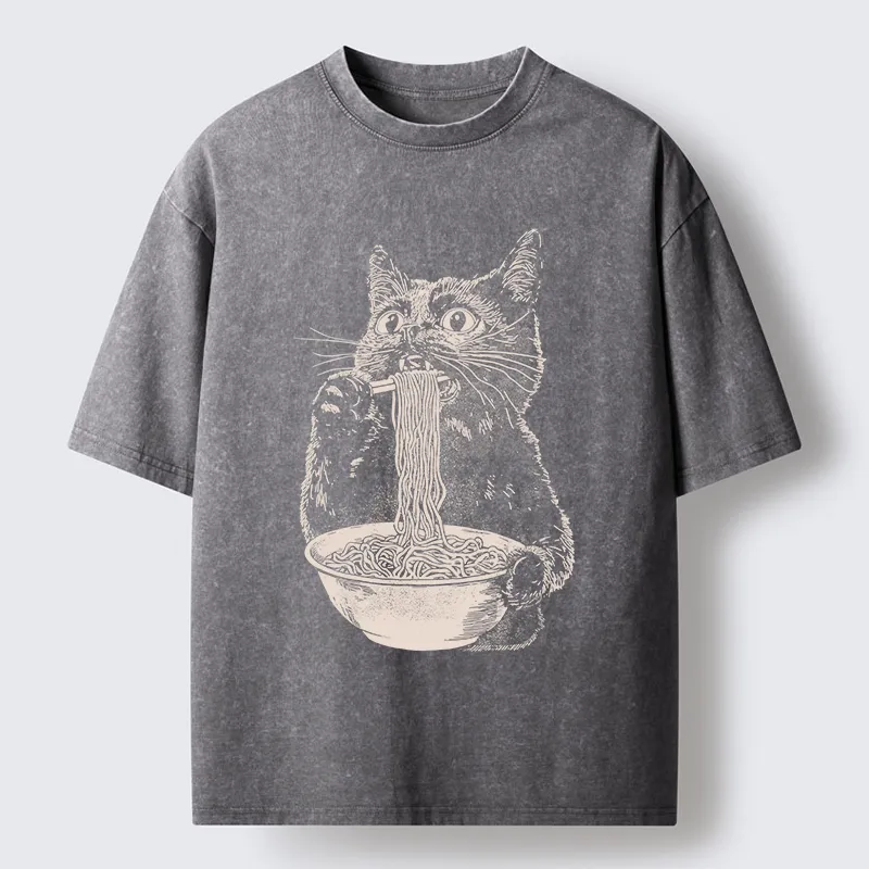Tokyo-Tiger Black Cat Eats A Large Portion Of Ramen Washed T-Shirt