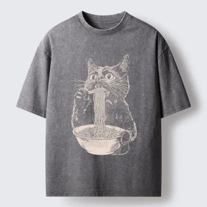 Tokyo-Tiger Black Cat Eats A Large Portion Of Ramen Washed T-Shirt