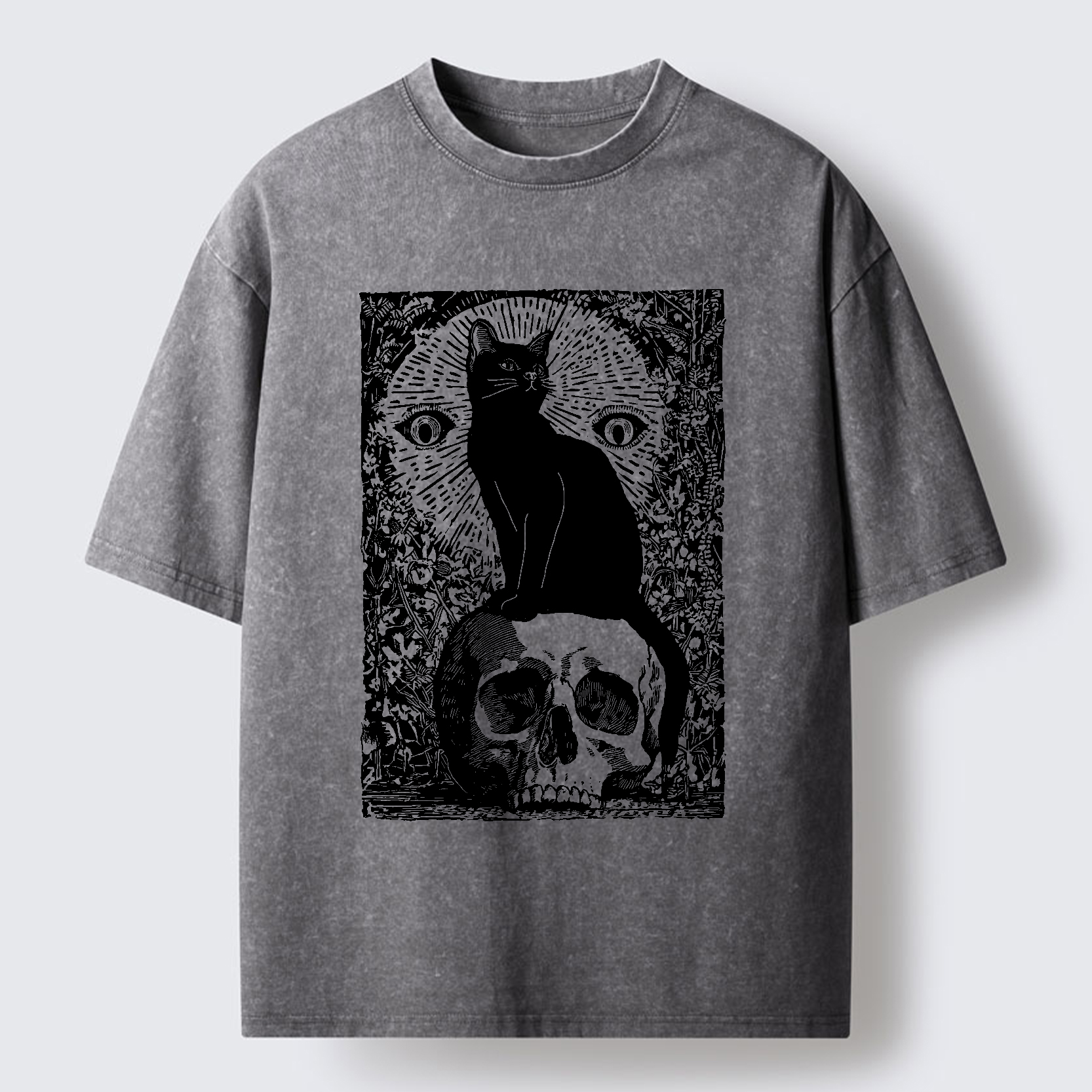 Tokyo-Tiger Black Cat Sitting On the Skull Washed T-Shirt