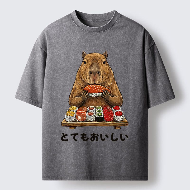 Tokyo-Tiger Capybaras Eat Sushi Washed T-Shirt