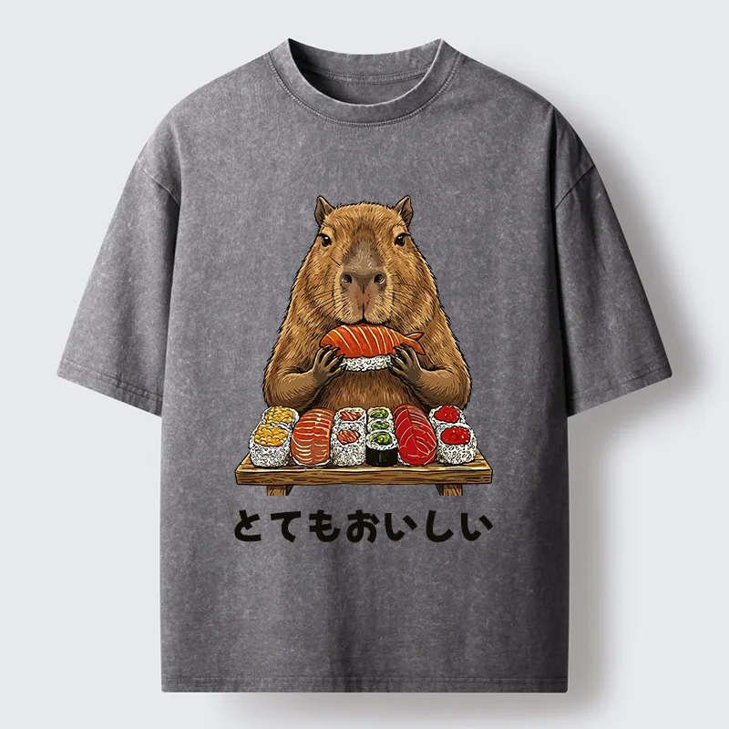 Tokyo-Tiger Capybaras Eat Sushi Washed T-Shirt
