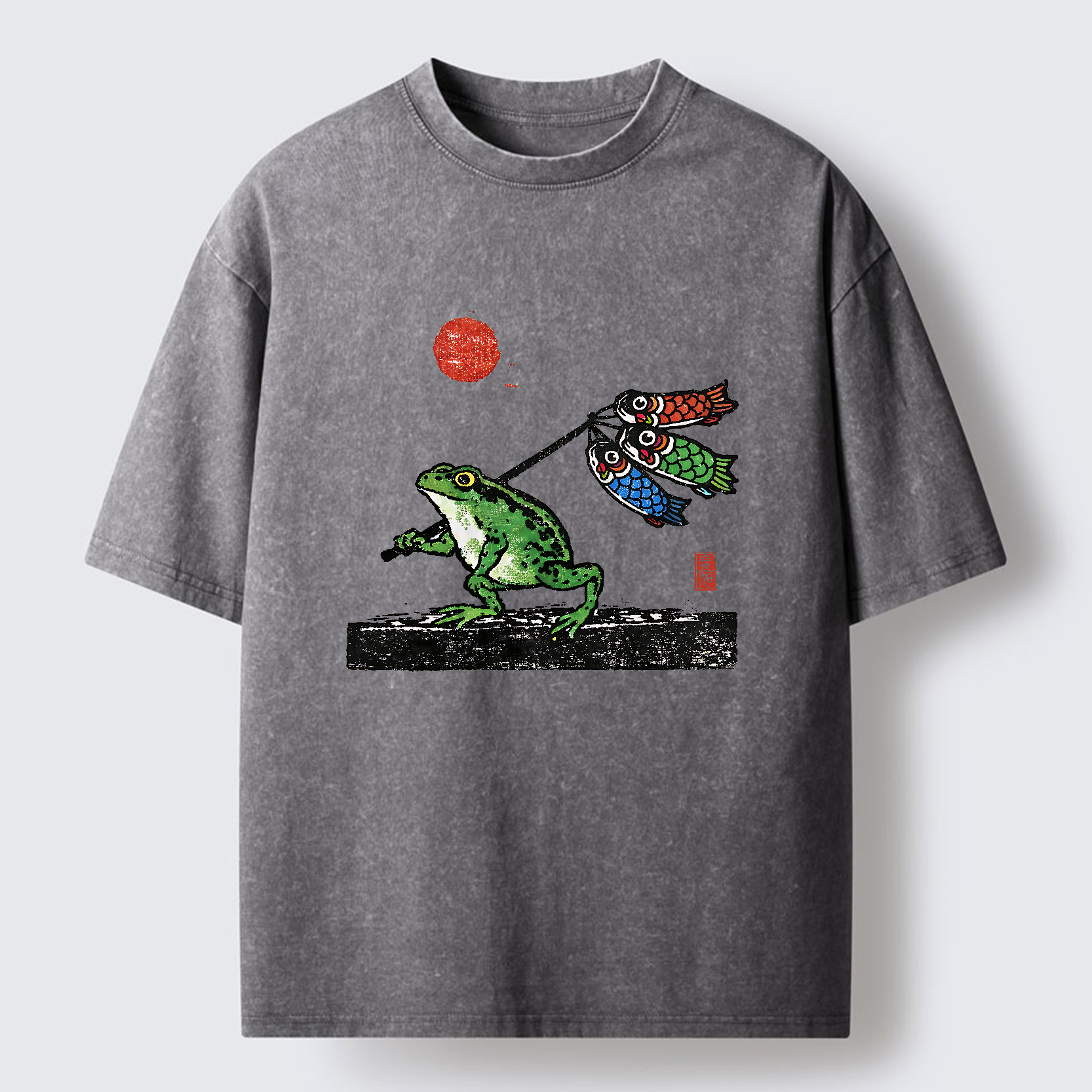 Tokyo-Tiger The Frog Carrying Carp Flags Washed T-Shirt