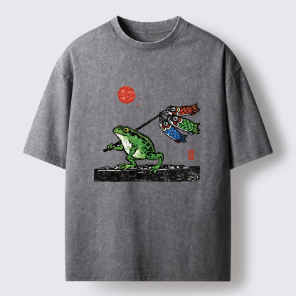 Tokyo-Tiger The Frog Carrying Carp Flags Washed T-Shirt