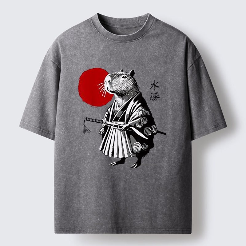 Tokyo-Tiger Capybara Samurai And Sun Washed T-Shirt