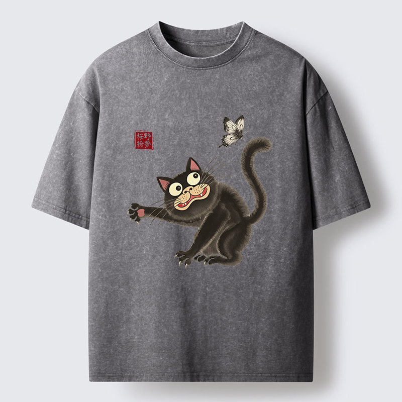 Tokyo-Tiger Cat Catching Butterflies Washed T-Shirt