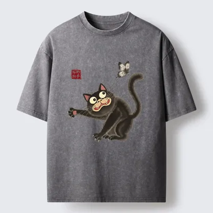 Tokyo-Tiger Cat Catching Butterflies Washed T-Shirt