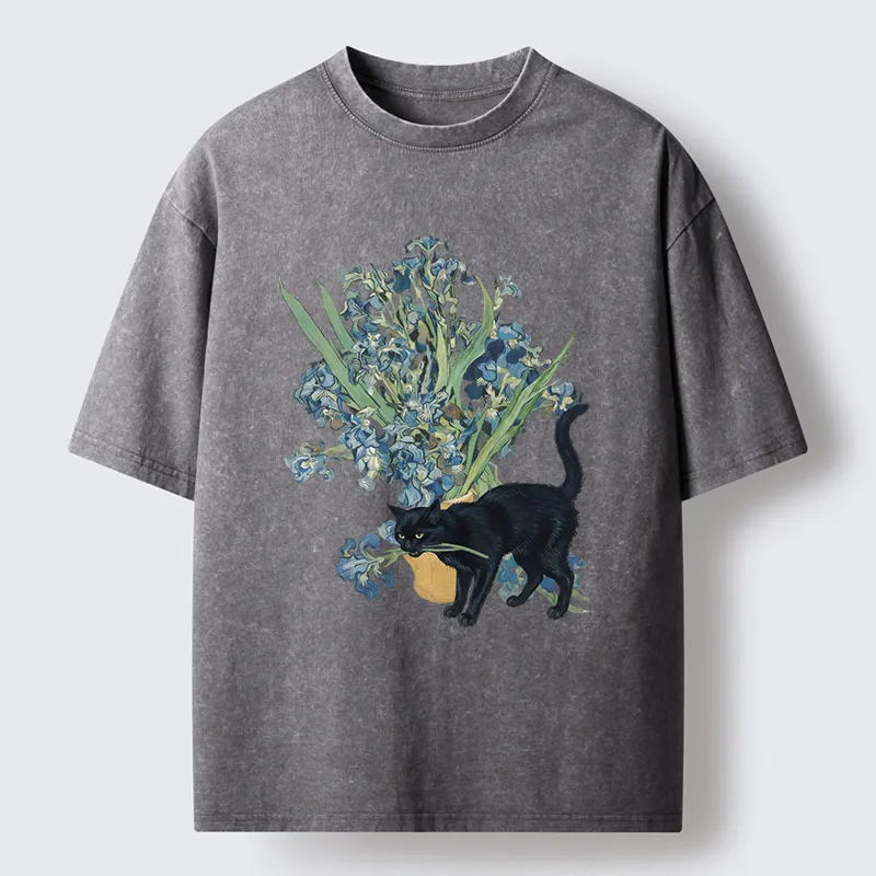 Tokyo-Tiger Black Cat And Orchid Washed T-Shirt