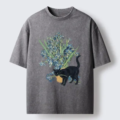 Tokyo-Tiger Black Cat And Orchid Washed T-Shirt